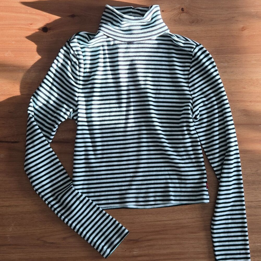 Levi’s Striped Cropped Turtleneck | Size XS | Ribbed Slim Fit Black White Teal